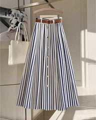 Casual Fashionable Versatile Elastic Waist With Brown Leather Belt Pleated Maxi Skirt