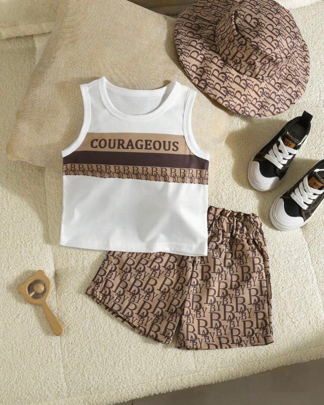 3pc Baby Boy Brown-Letter Print Vest, Brown Shorts & Matching Hat