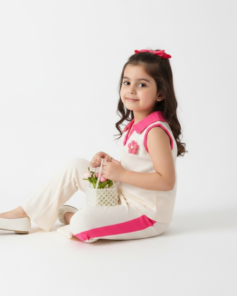 2pcs Girls 3D Floral Knitted White and Pink Polo Vest And Flared Pants
