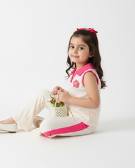 2pcs Girls 3D Floral Knitted White and Pink Polo Vest And Flared Pants