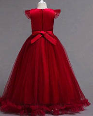 Girls’ Long Red Embroidered Princess Wedding Dress