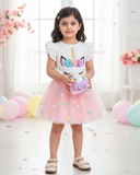 Girls Pink 3D Unicorn Cap Sleeve T-Shirt & Mesh Skirt 2-Piece Set