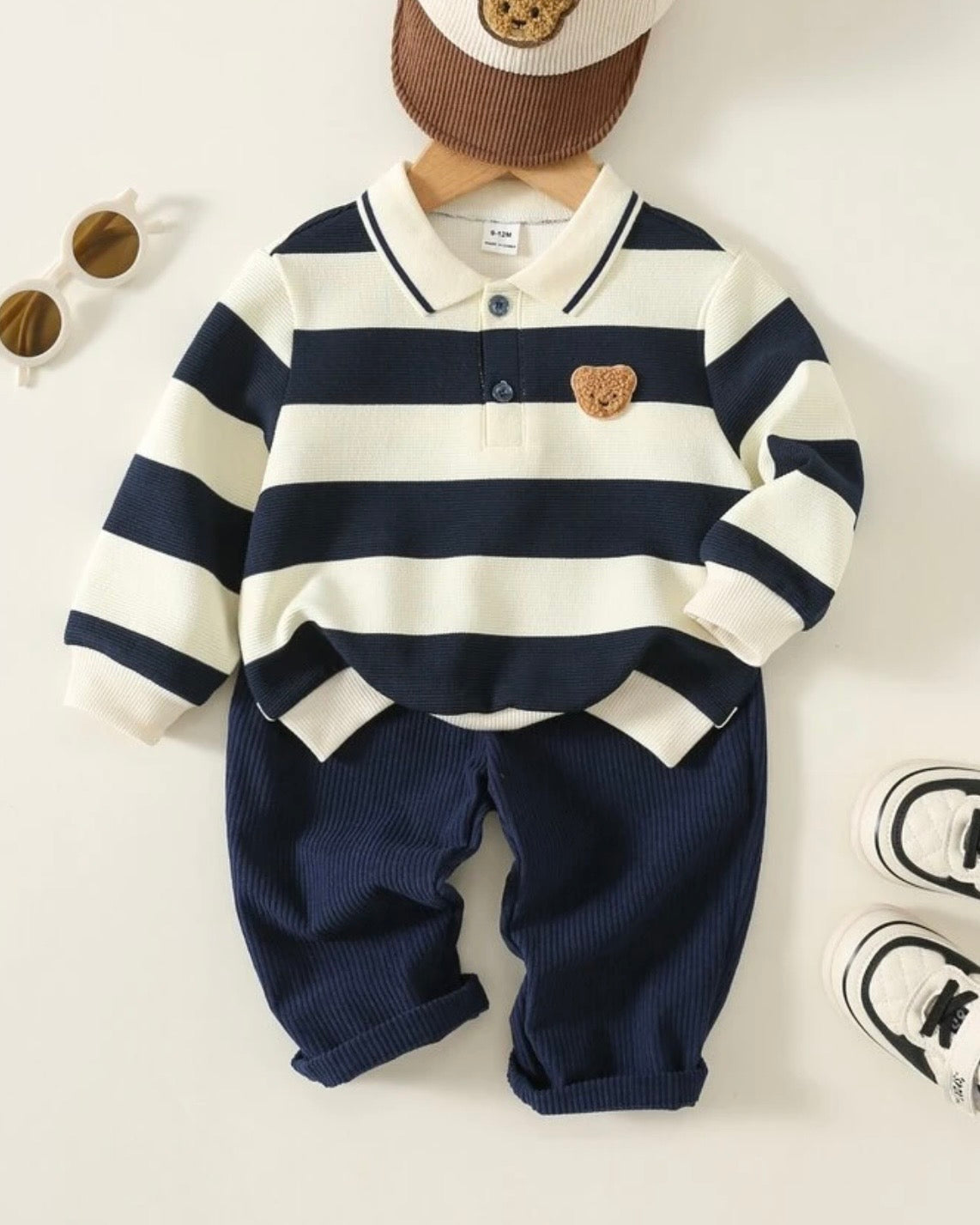 Baby Boy Cartoon Bear Striped Knitted 2-Piece Winter Outfit