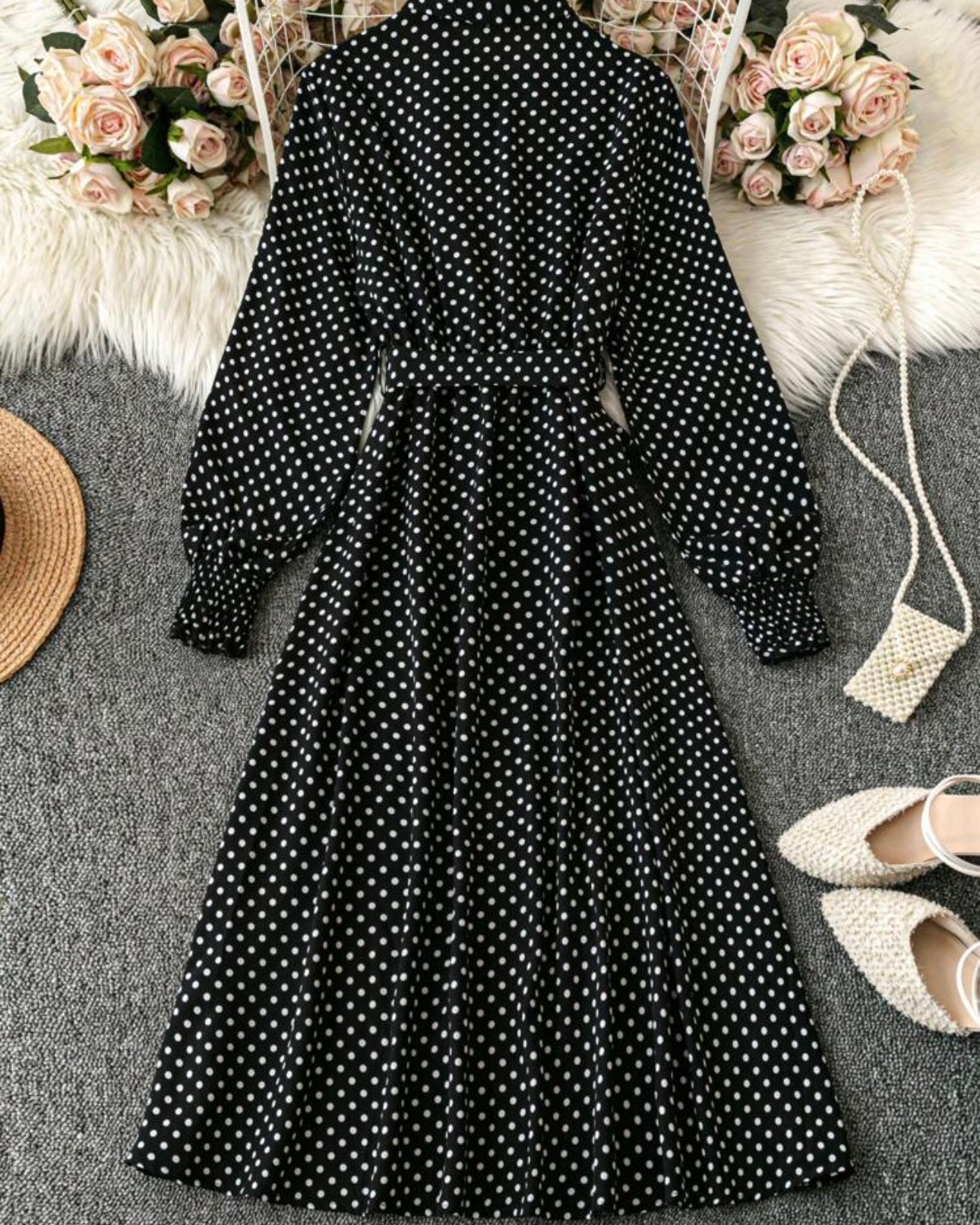 Polka Dot Print Lantern Sleeve Belted Shirt Dress Maxi Women Outfit Fall Cloth For Women