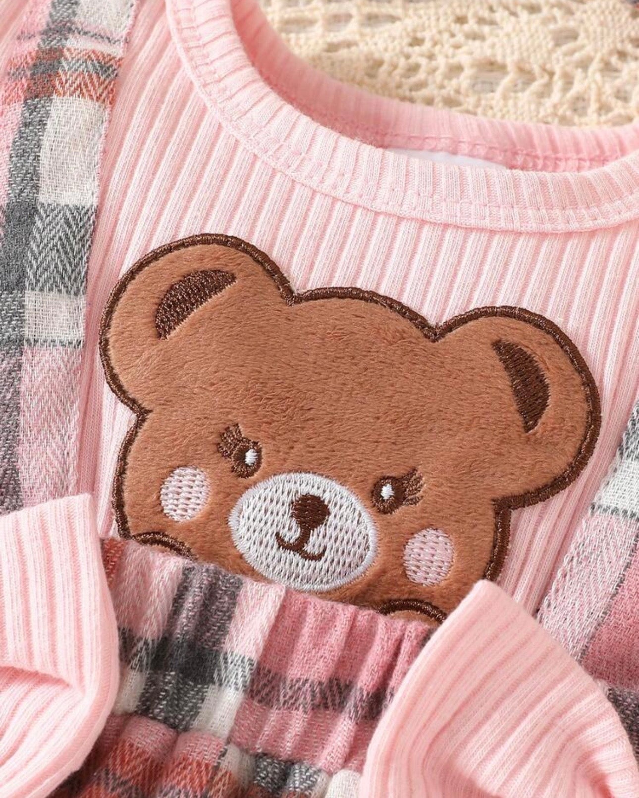 Baby Girls' Ruffle Sleeve Patchwork Cartoon Bear Bow Pink Embroidered Dress + Headband