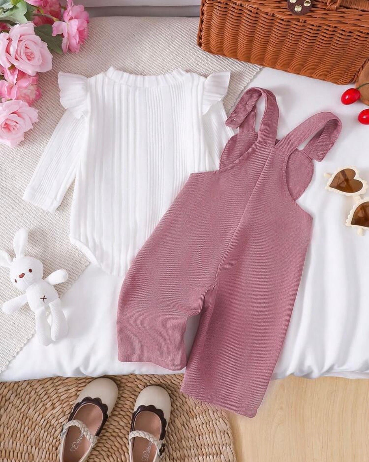 2pcs Baby Long Sleeve Casual Top + Cartoon Rabbit Embroidery Overalls
