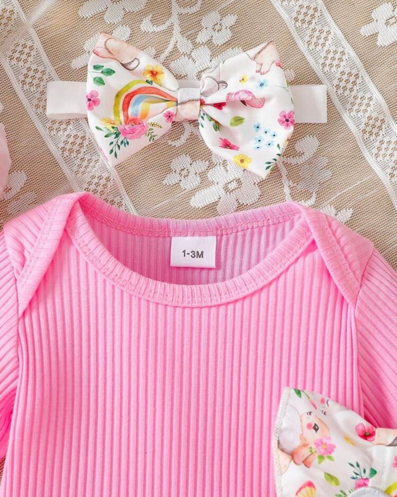 3pcs Baby Girls Pink Ribbed Romper & Ruffled Overall Dress Set with Bow Headband