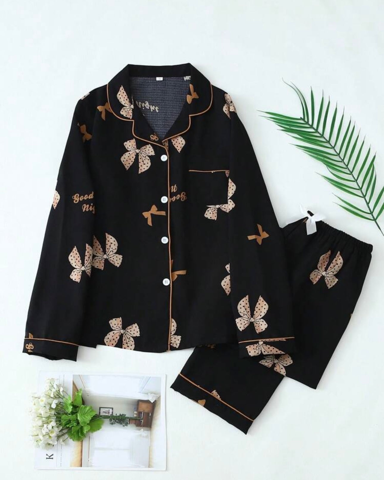 Bow Print Women Long Sleeve Top & Long Pants Satin Pajama Set
