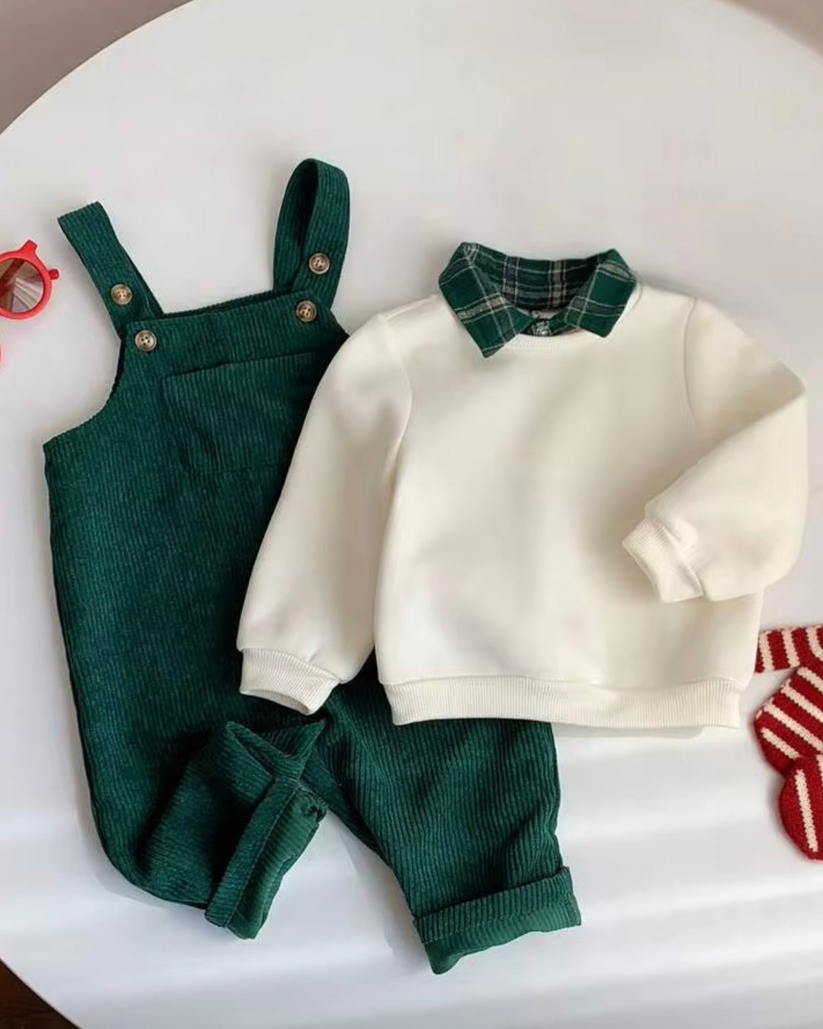 Baby Boy Apricot Knit Sweatshirt & Green Plaid Corduroy Overalls