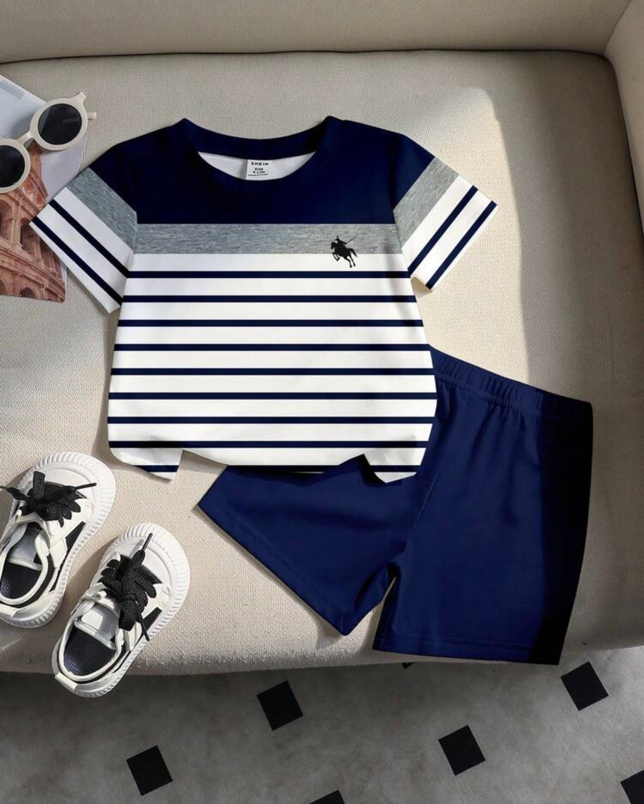 Baby Boys Pony Striped Color Block T-Shirt & Shorts Set – Casual Summer Outfit (2PCS)