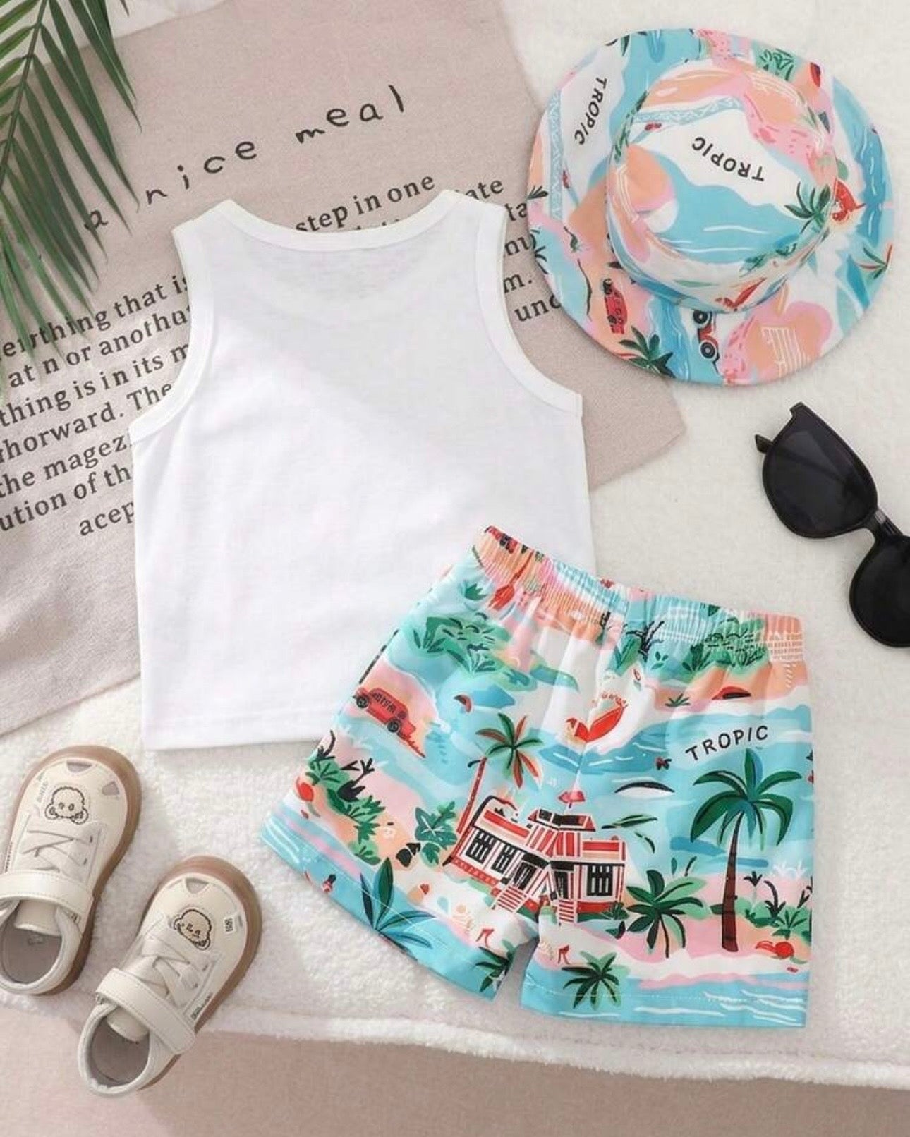 3-Piece Baby Boy Summer Time Print Tank Top, Palm Tree Shorts & Hat