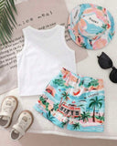 3-Piece Baby Boy Summer Time Print Tank Top, Palm Tree Shorts & Hat
