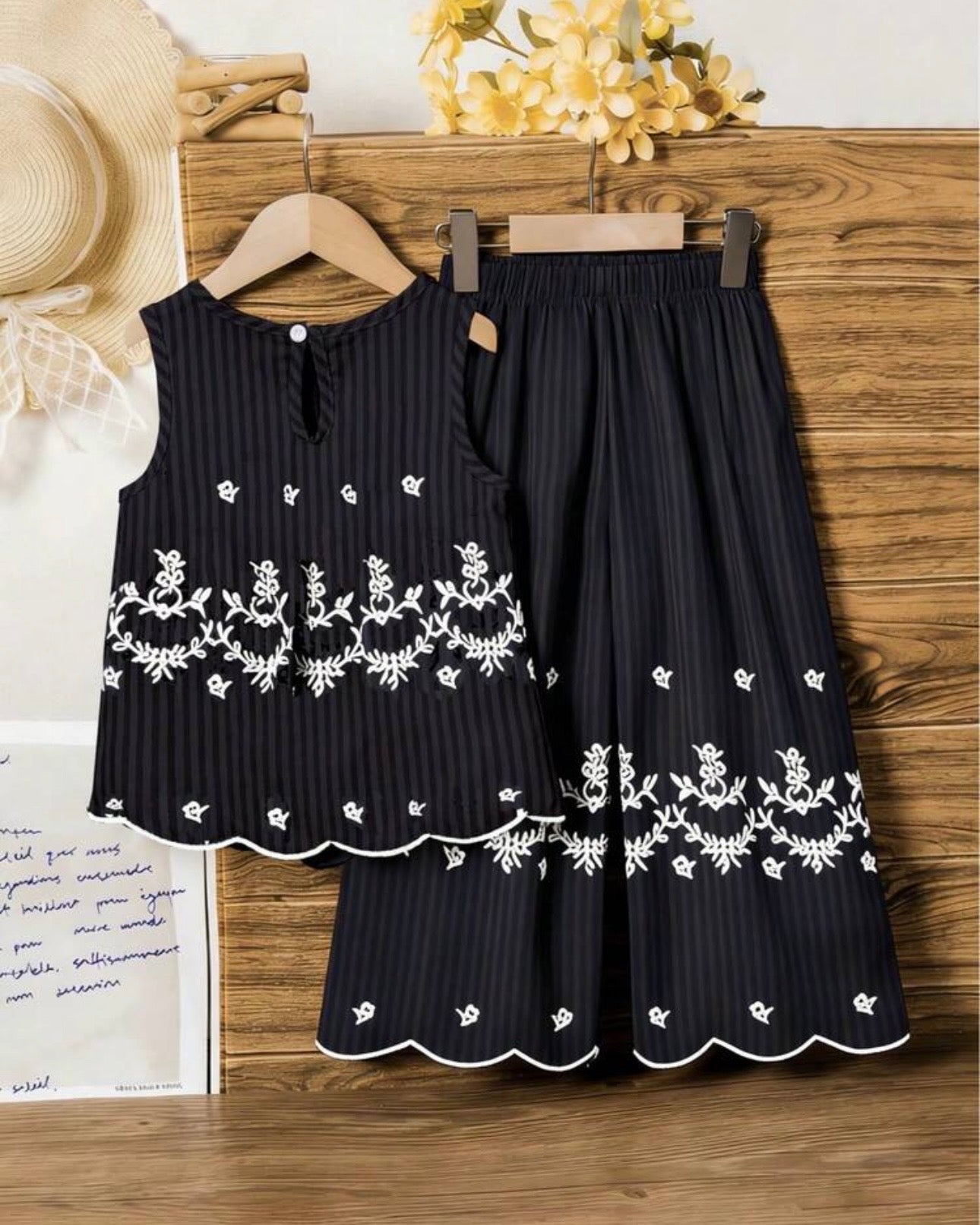 Girls Sleeveless Co-Ord Set – Black Printed Embroidered Hem Top & Wide-Leg Pants