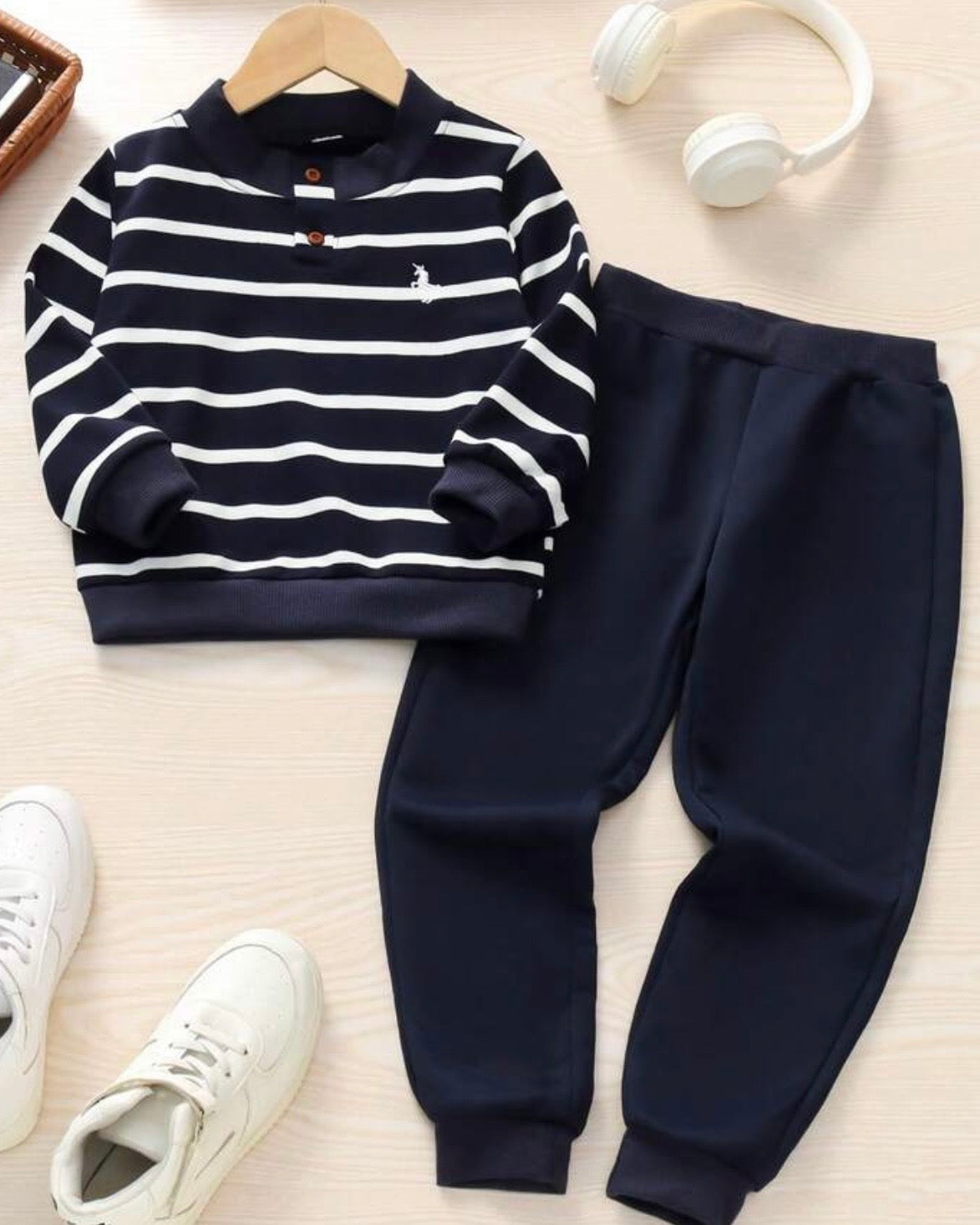Kids Boys Horse Print Blue Striped 2-Piece Set