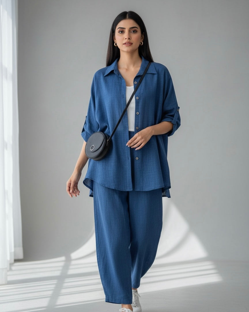 Women’s  2pcs Set – Turndown Collar Shirt & High Waist Wide Leg Pants