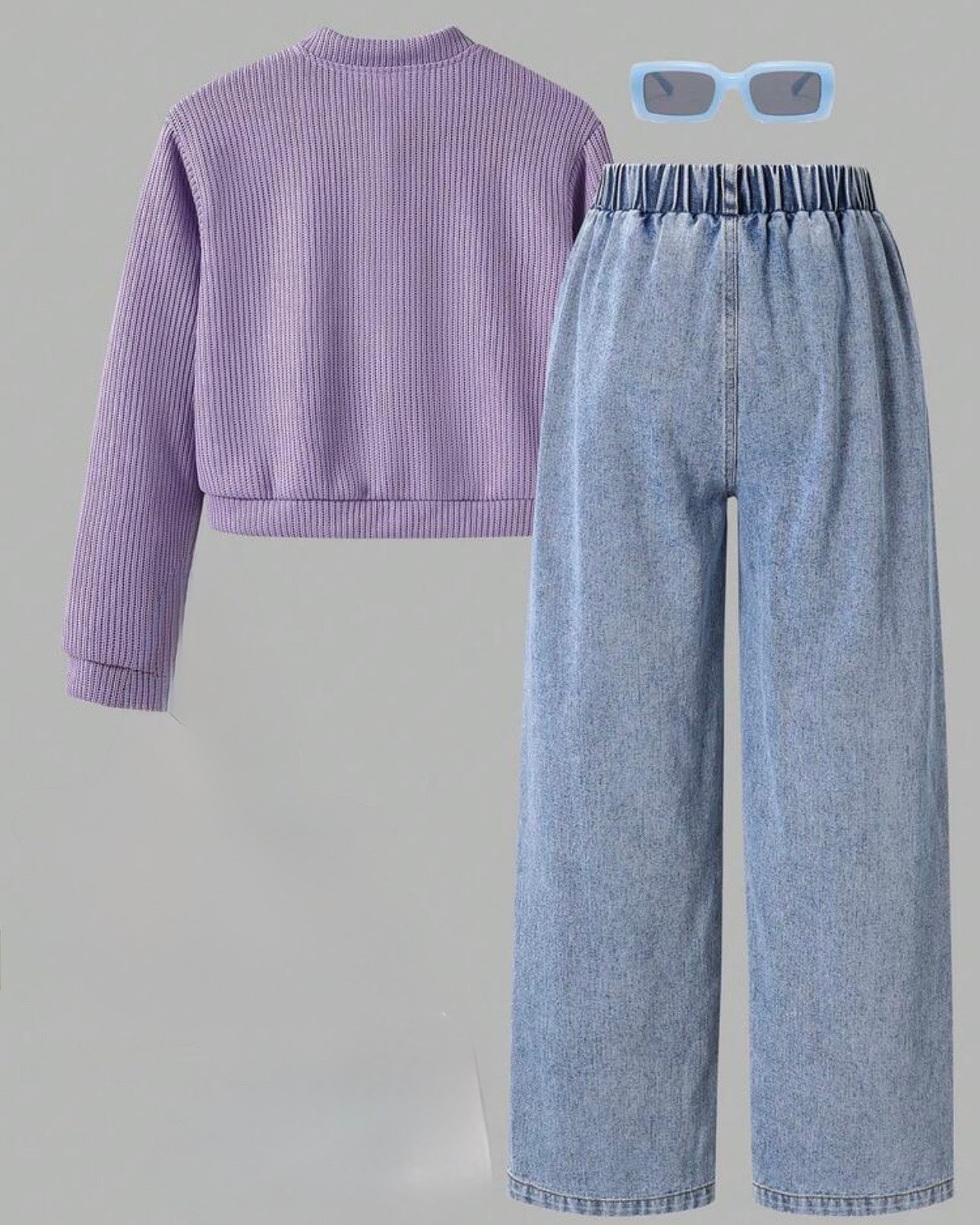 Tween Girls Purple 3D Floral Cardigan & Vintage Floral Blue Jeans Set