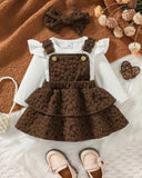 3PCS Baby Girl White Bodysuit, Brown Suspender Dress & Headband Set