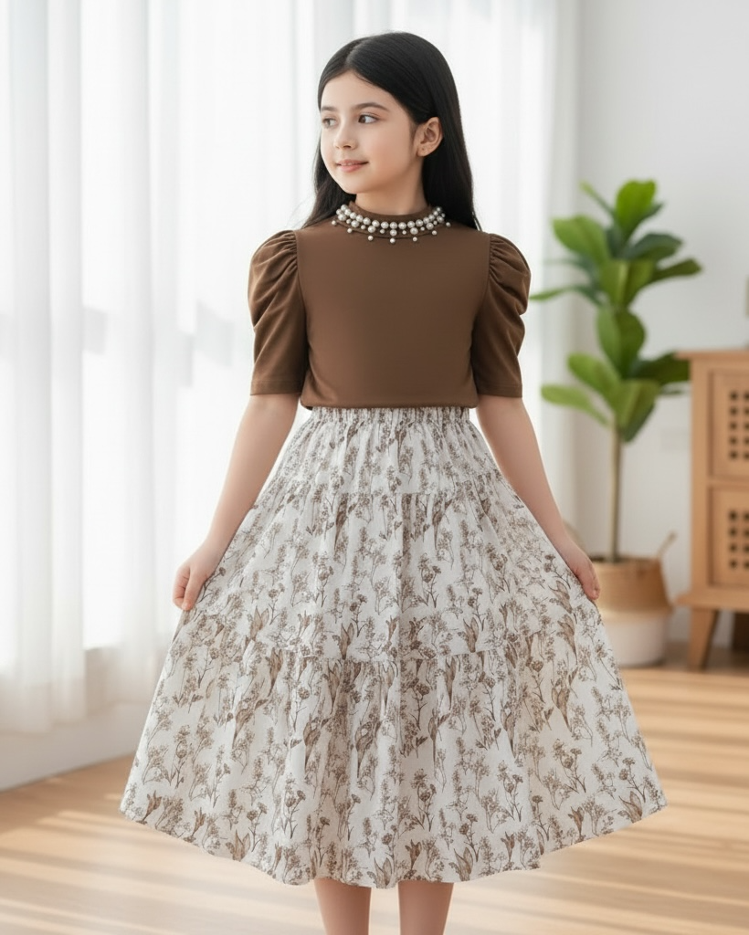 Tween Girl 2Pcs Outfit – Brown Faux Pearl Top & Floral Ruffle Skirt Set