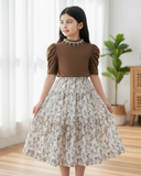 Tween Girl 2Pcs Outfit – Brown Faux Pearl Top & Floral Ruffle Skirt Set
