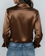 Rust Brown Women's Satin Casual Button-Up Shirt With Collar Design