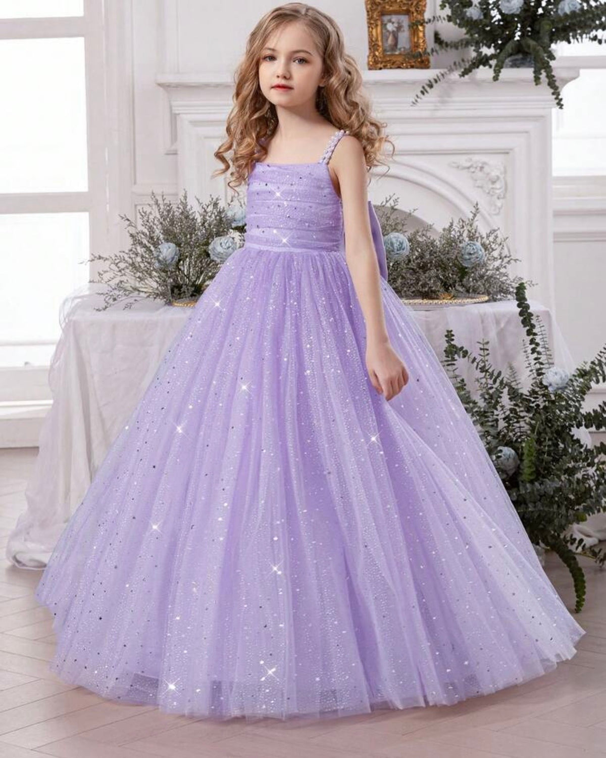 Girls Pearl Strap Star Mesh 3D Bow Lavender Princess Dress