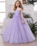 Girls Pearl Strap Star Mesh 3D Bow Lavender Princess Dress