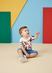 2pcs/Set Boy Summer Geometric Print Short Sleeve T-Shirt + Denim Effect Shorts Outfit