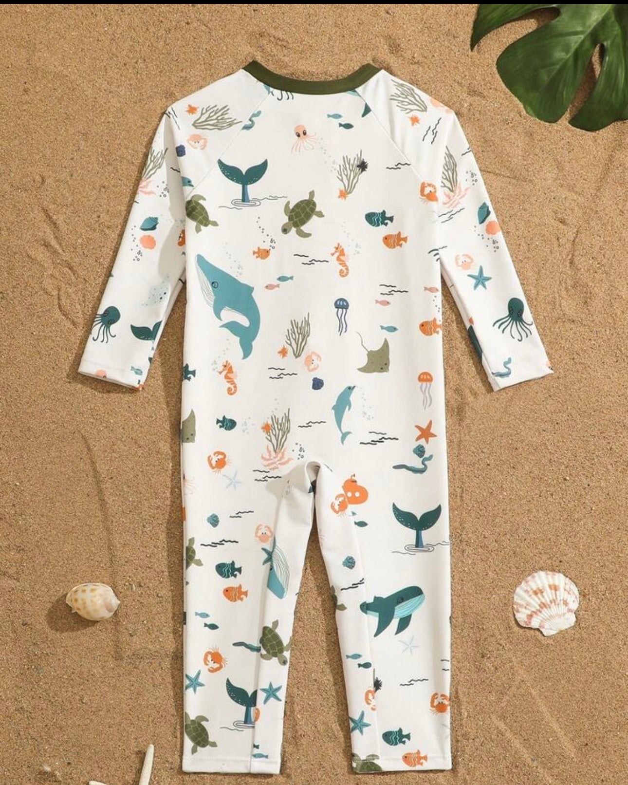 Boys White Nature Print Long Sleeve One-Piece Swimsuit