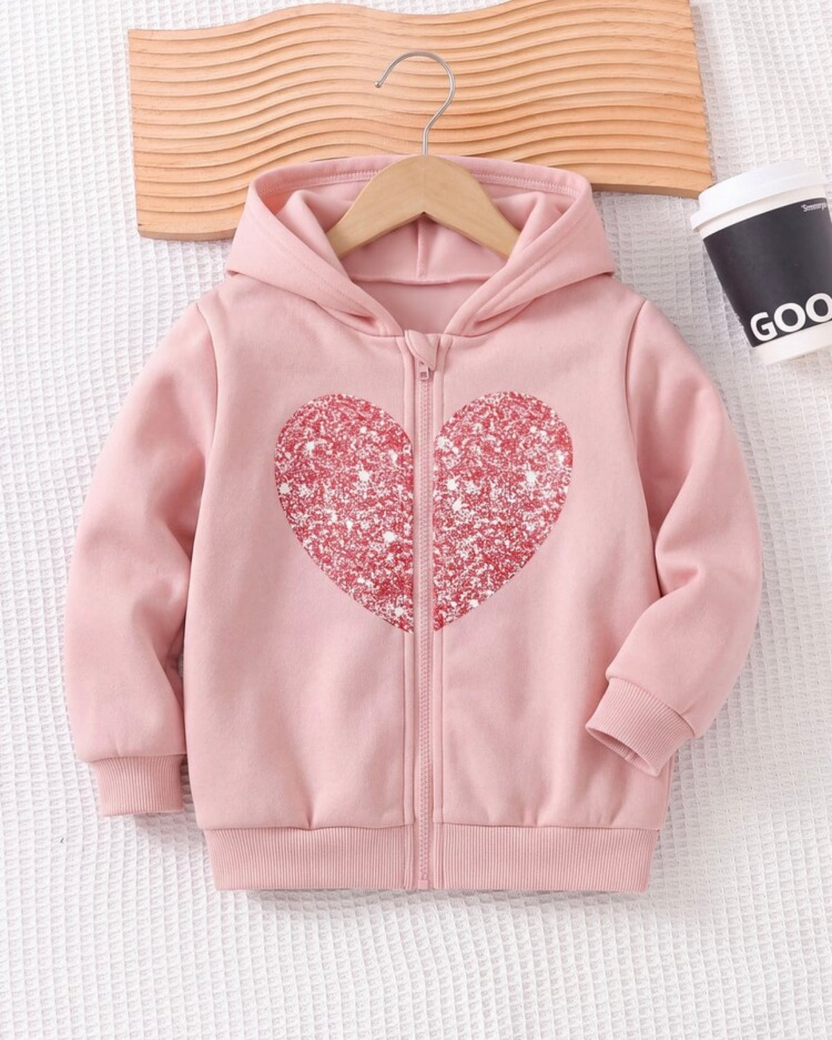 Young Girl Heart Print Hooded Zip-Up Cardigan