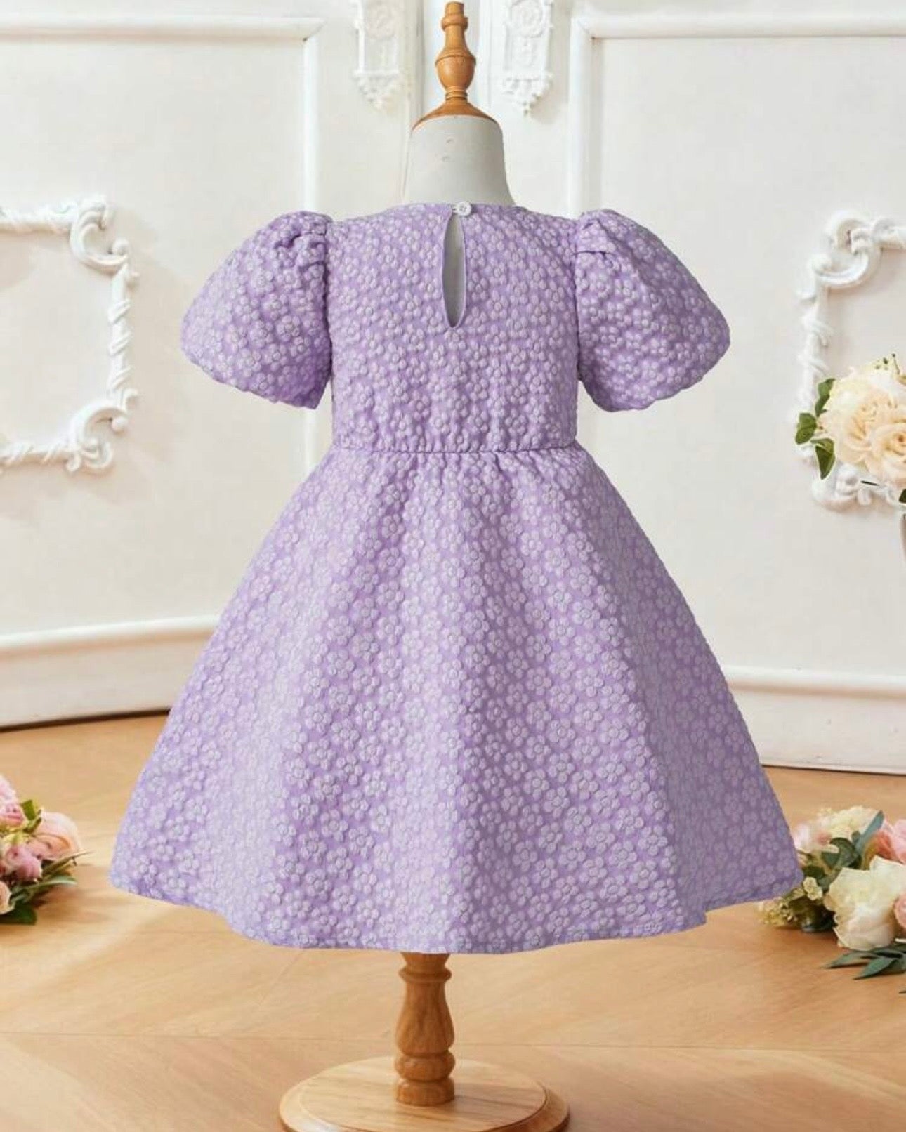 Girls Lilac Chiffon Floral Dress – Puffy Sleeve Princess Party Dress, Elastic Waist Summer Outfit for Kids