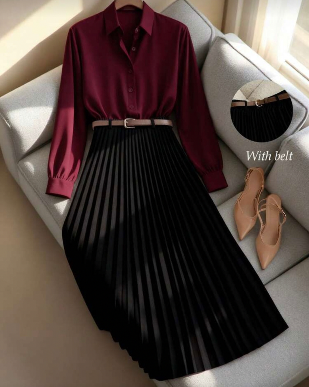 Solid Color Long Sleeve Shirt Paired With A-Line Skirt, Pleated Skirt Comes With Belt