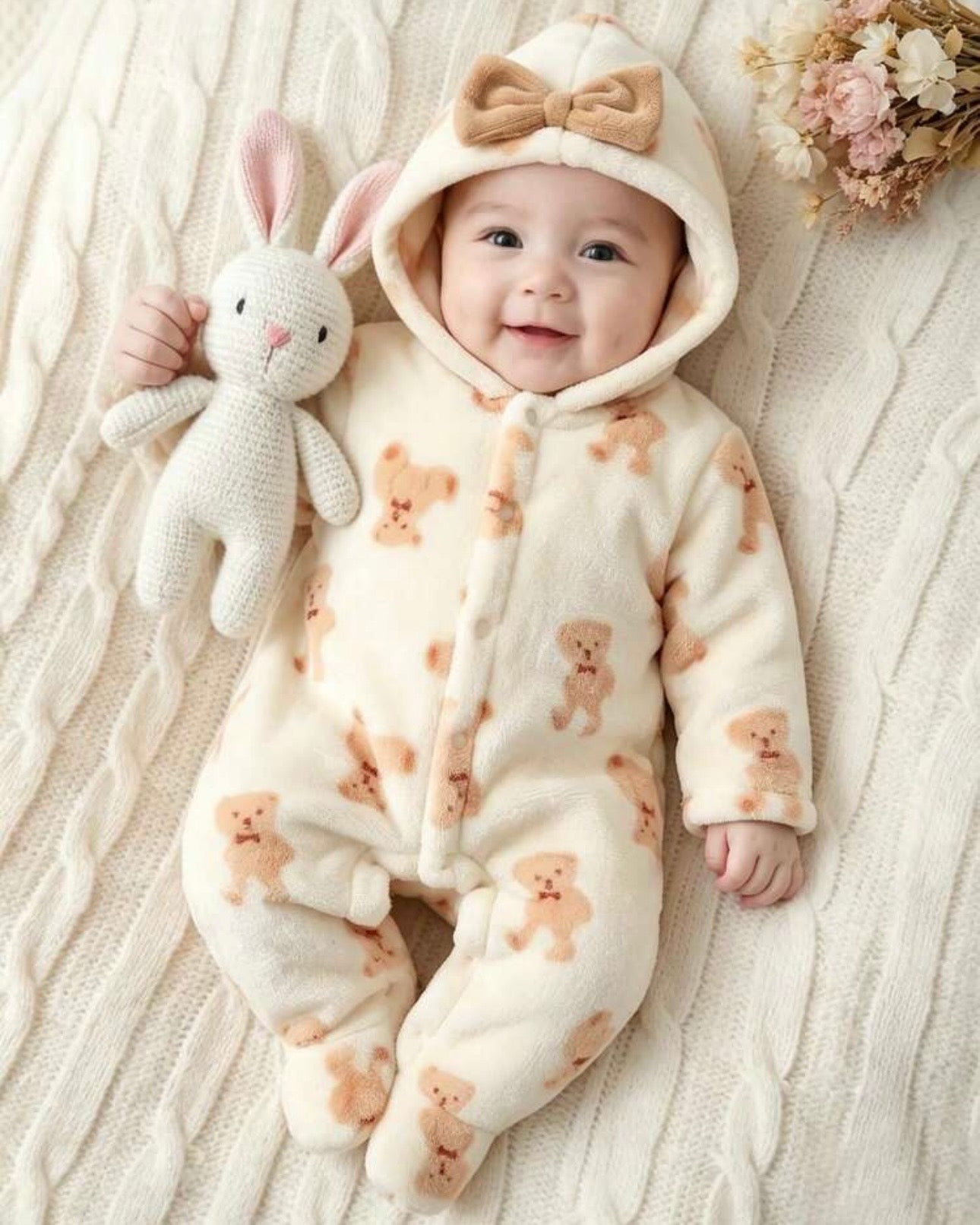 Newborn Baby Bear Pattern Plush Hooded Footed Romper