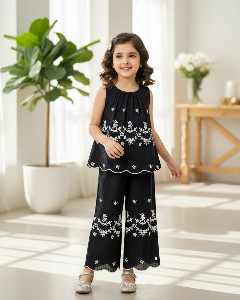 Girls Sleeveless Co-Ord Set – Black Printed Embroidered Hem Top & Wide-Leg Pants