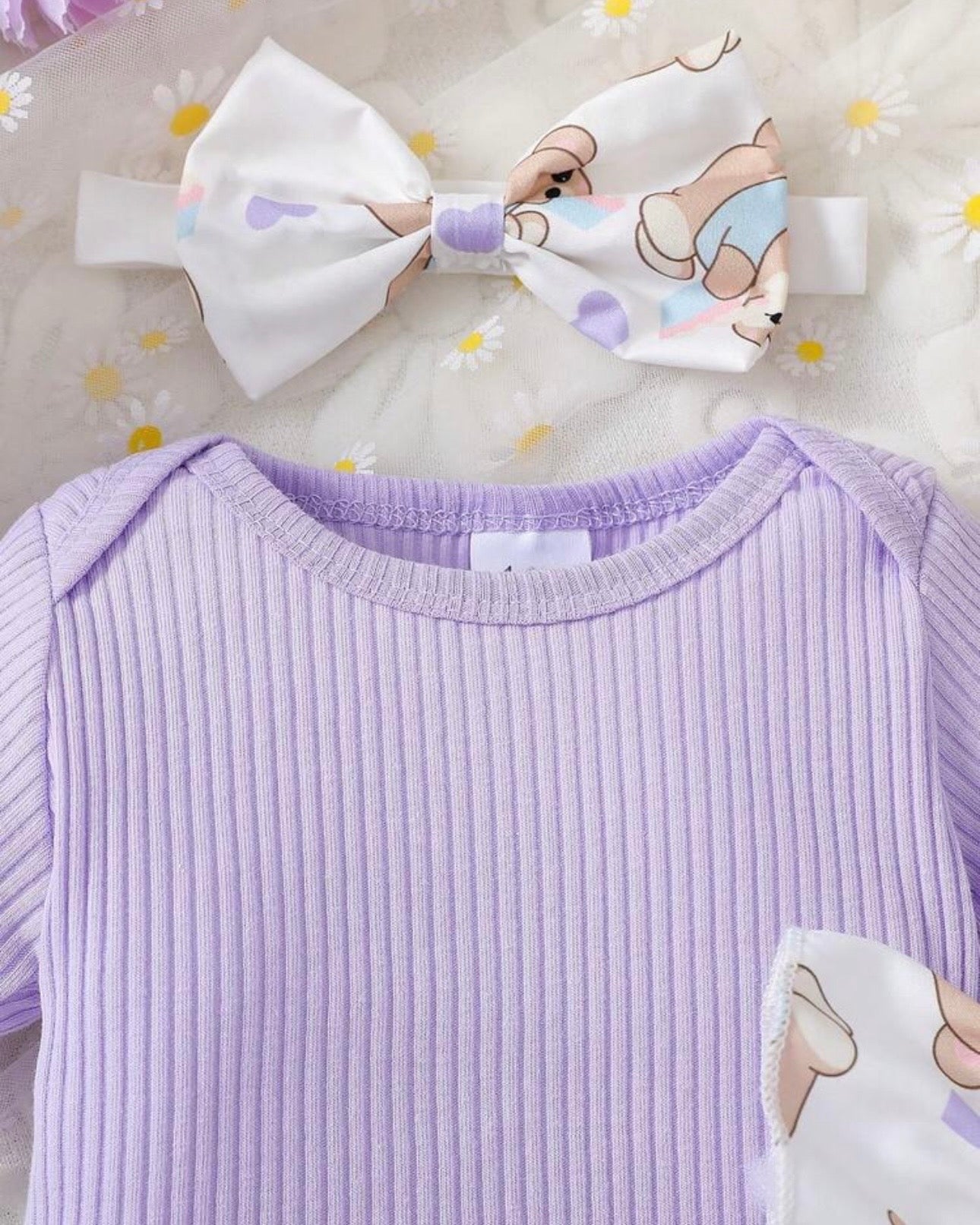 3pcs Baby Girls Purple Ribbed Romper & Ruffled Overall Dress Set with Bow Headband