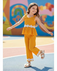 Striped 3D Bow Hollow Floral Sleeveless Top With Elastic Waist Mustard Colour Straight Leg Pants