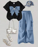 Girls Blue Bow Embroidery Black T-Shirt & Cargo Pants Set