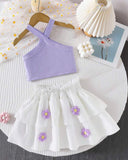 Girls’ Purple Ribbed Camisole & White 3D Floral Double-Layer Skirt Set
