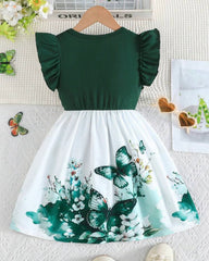 Girls’ Green Summer Ruffled Sleeve Bow-Tie Butterfly Print Dress