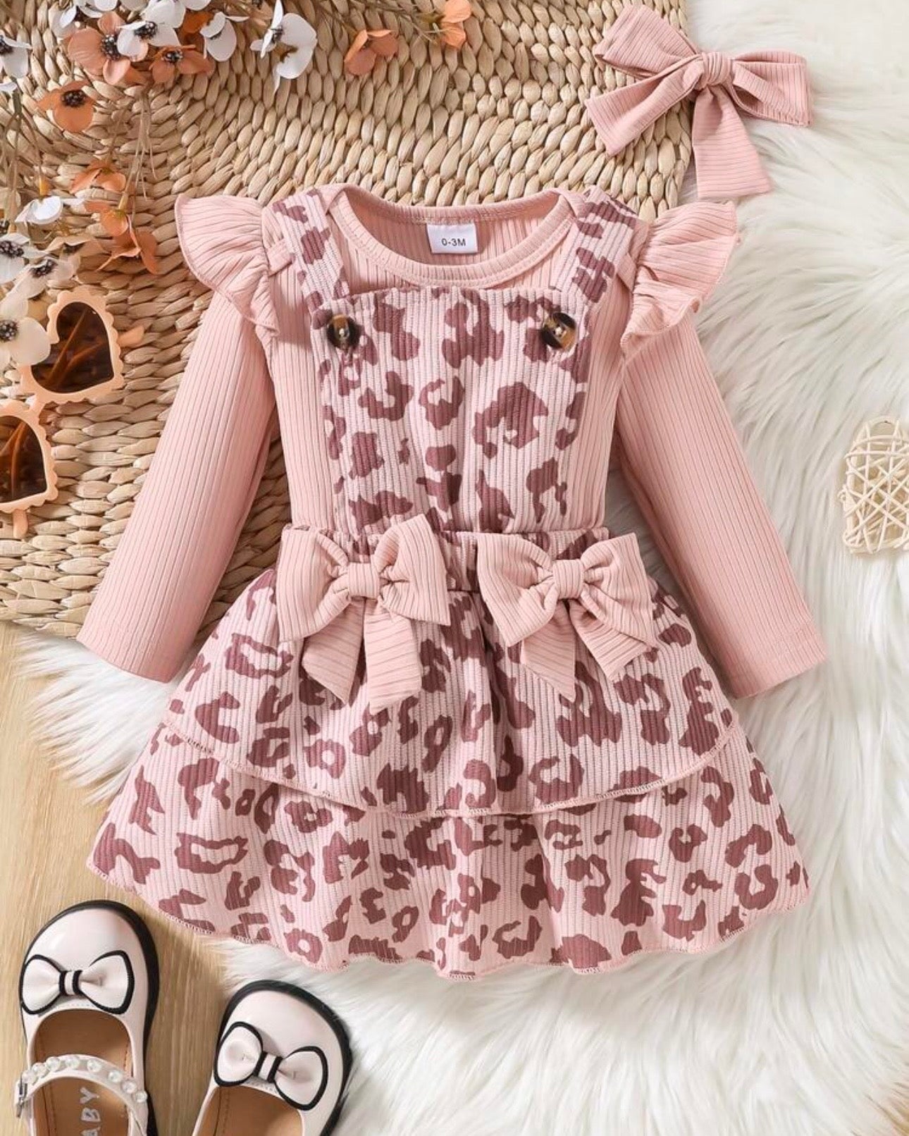 Baby Girl Pink Leopard Print Strap Dress Ribbed, Long Sleeve Bodysuit With Headband