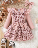 Baby Girl Pink Leopard Print Strap Dress Ribbed, Long Sleeve Bodysuit With Headband