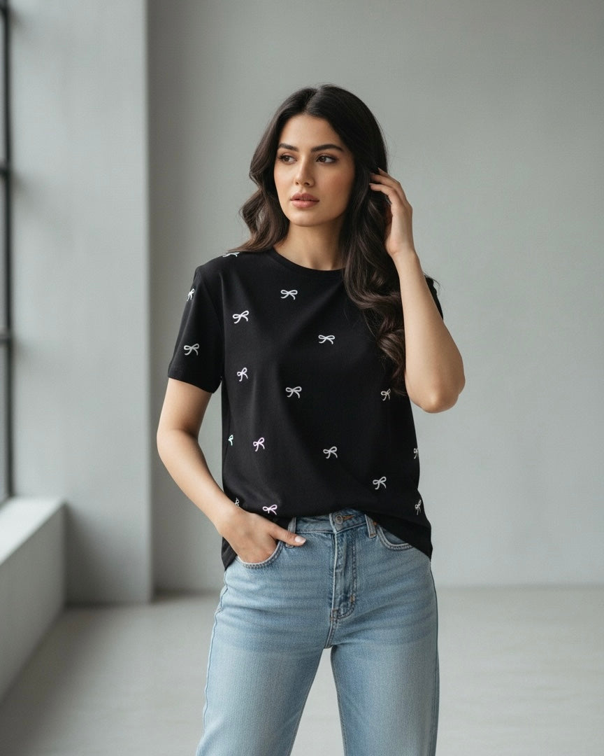 Regular Loose Bow Print Women T-Shirt - Summer