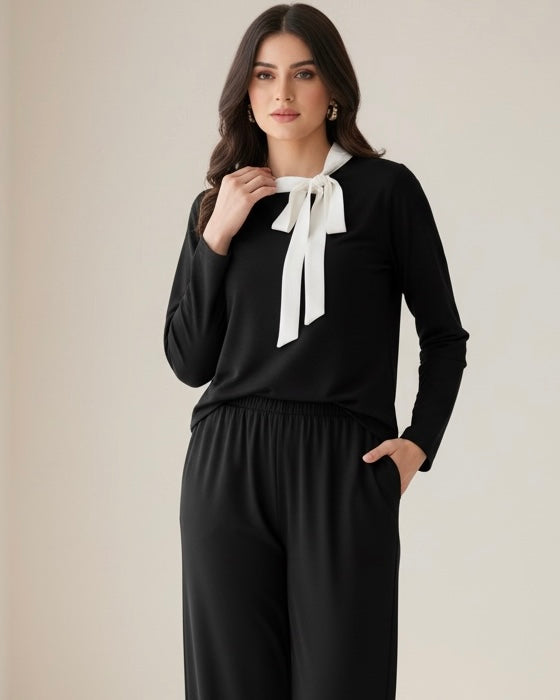 Women Contrast Color Knot Collar Top & Pants 2pcs Set