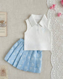 Girls 2 Piece Heart Embroidery Top & Pleated Skirt Set
