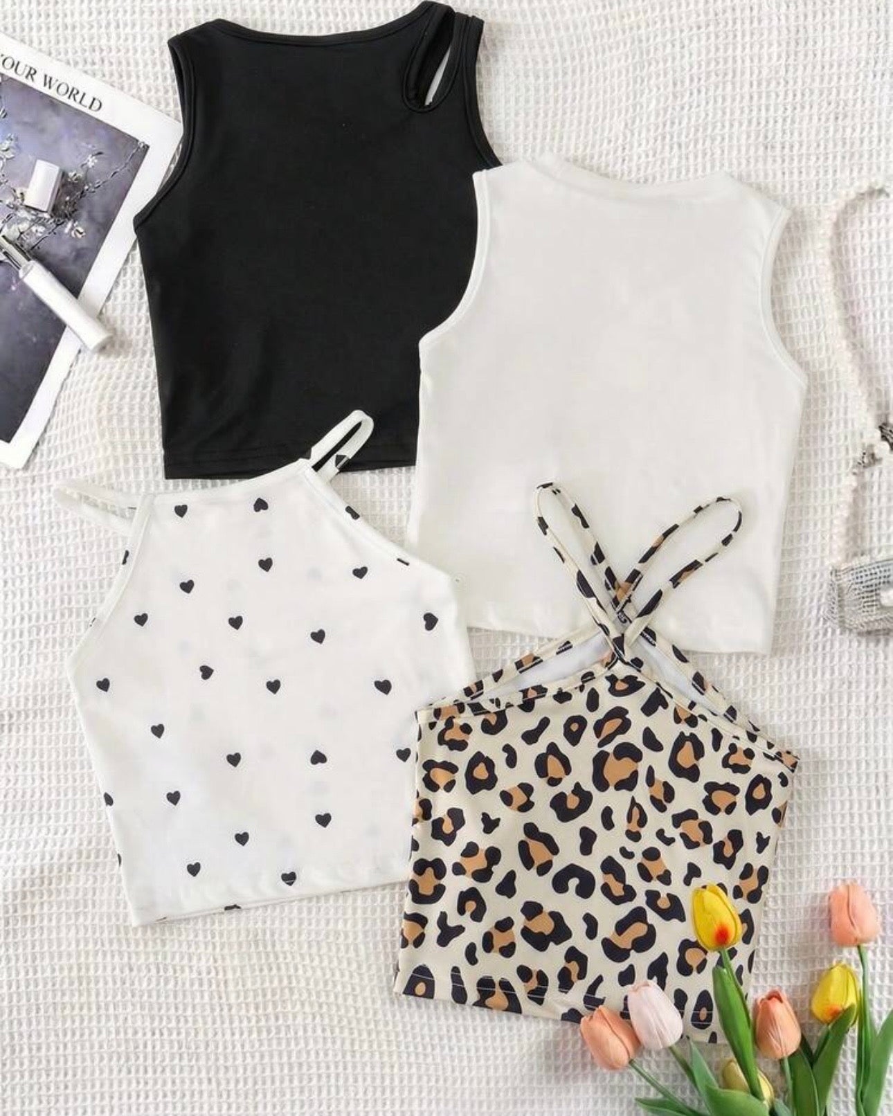 4pc Young Girl Summer Outfit Set – BW & Leopard Tank Tops
