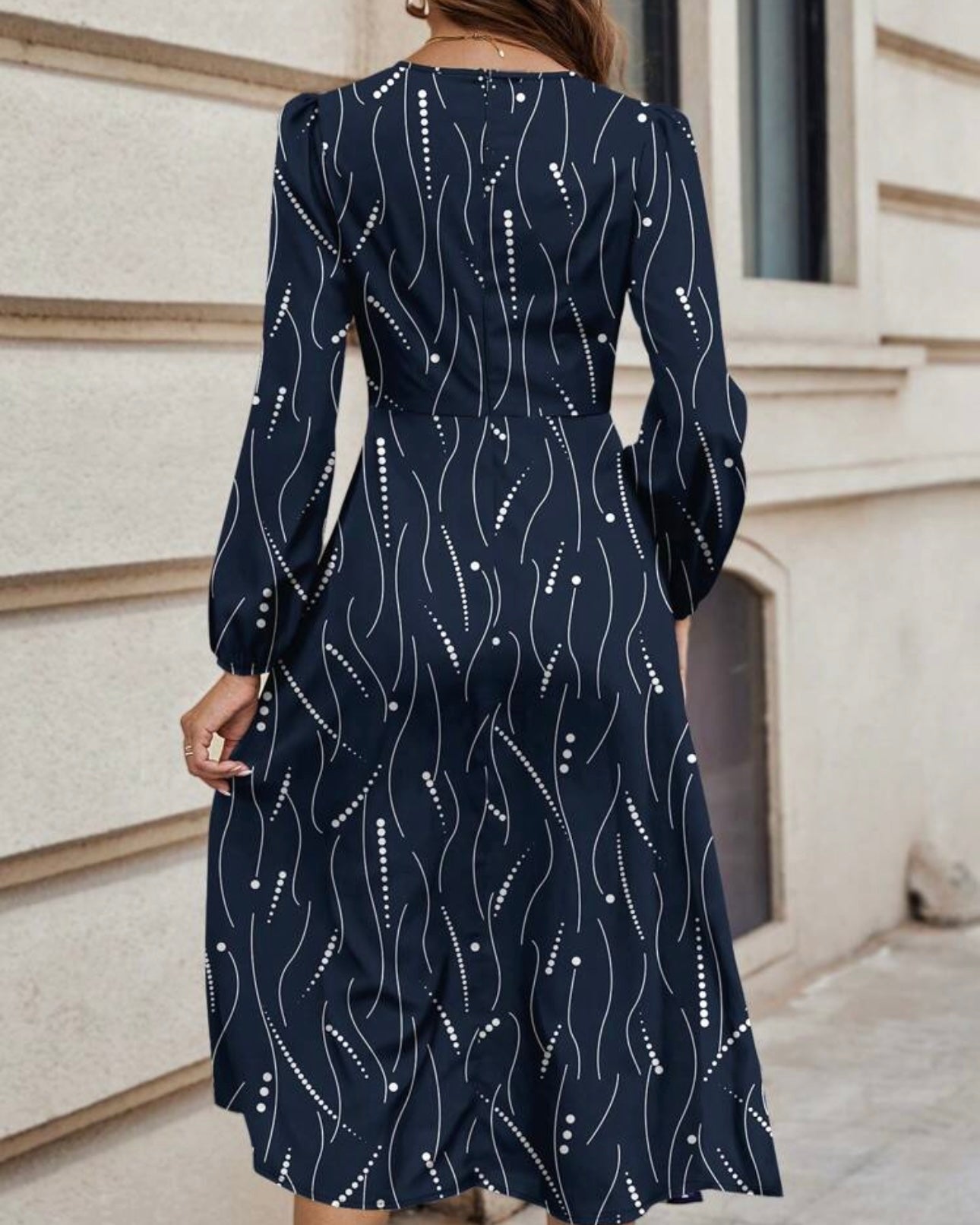 Casual Striped & Dot Pattern Round Neck Long Sleeve Dress, Suitable For Spring & Summer