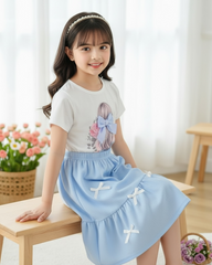 Bow Print T-Shirt & Sky Blue A-Line Skirt