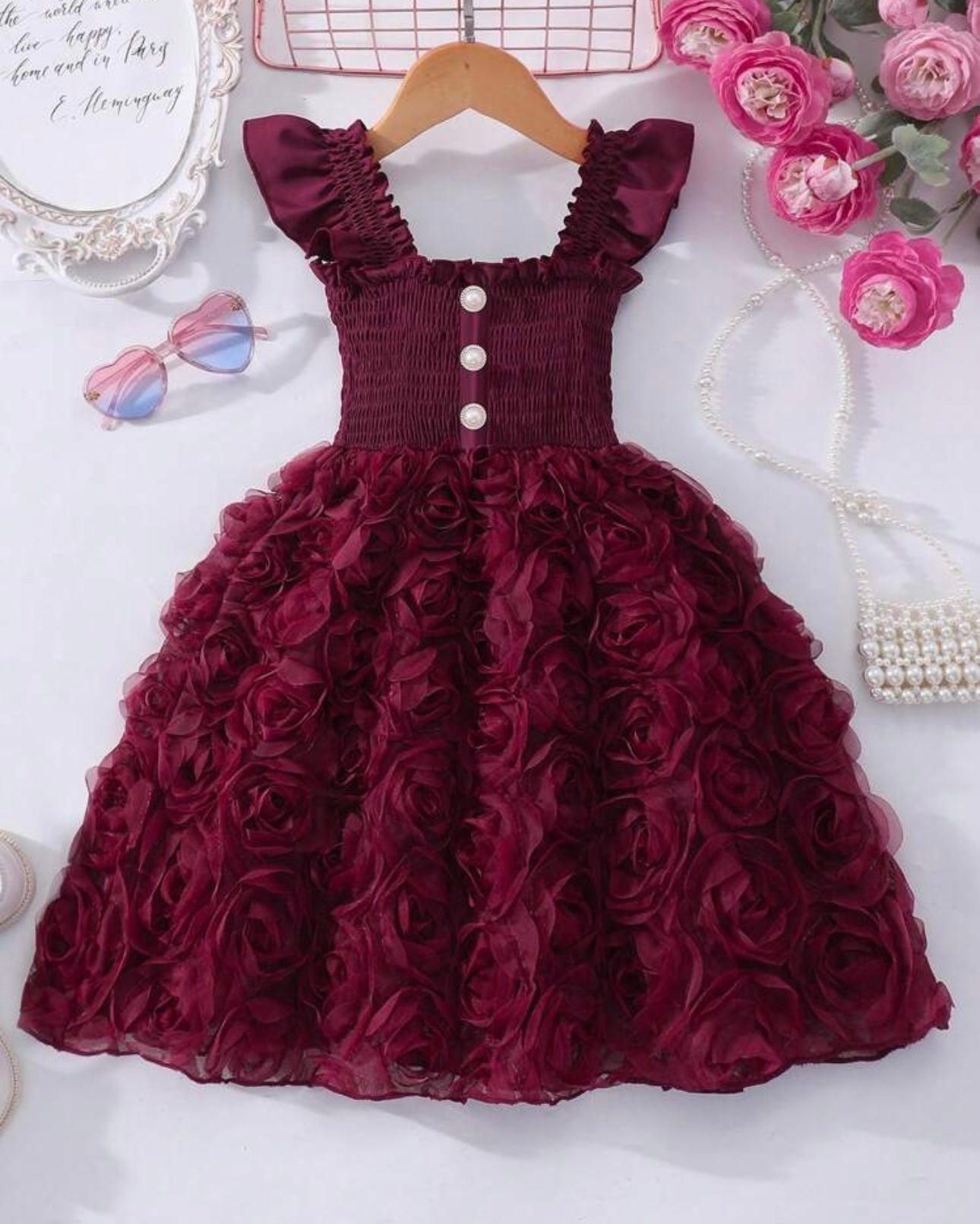 Floral Patchwork Summer Dress – Burgundy Colour Faux Shirred Cap Sleeve Dress