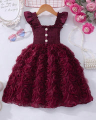 Floral Patchwork Summer Dress – Burgundy Colour Faux Shirred Cap Sleeve Dress