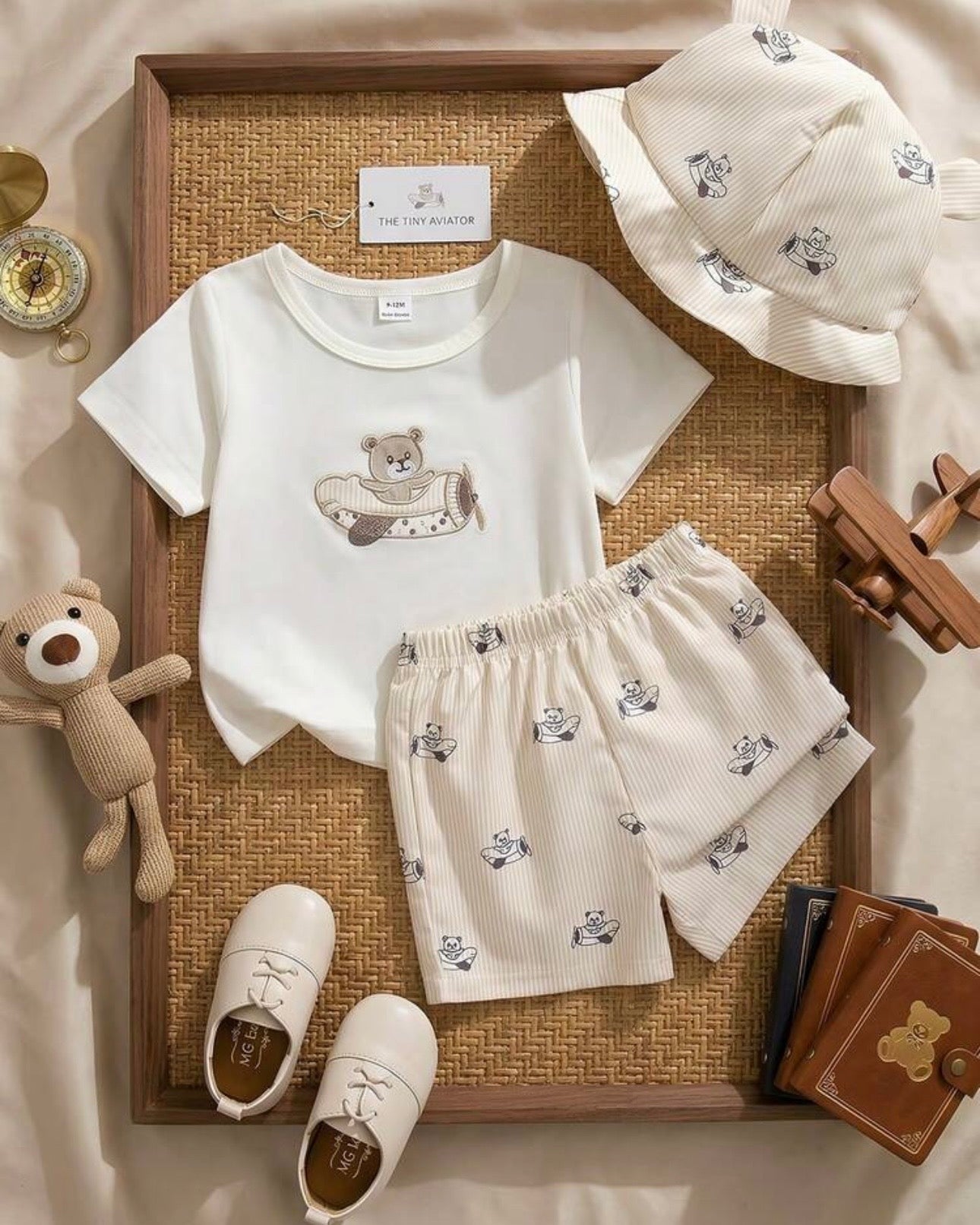 3pc Baby Boy Beige Bear Print Outfit Set – T-Shirt, Shorts & Cap (Summer)