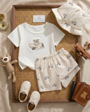 3pc Baby Boy Beige Bear Print Outfit Set – T-Shirt, Shorts & Cap (Summer)